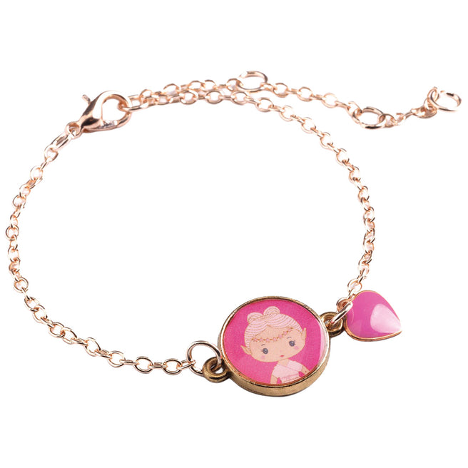 Djeco kinderarmband met roze elfje en hartje bedels.