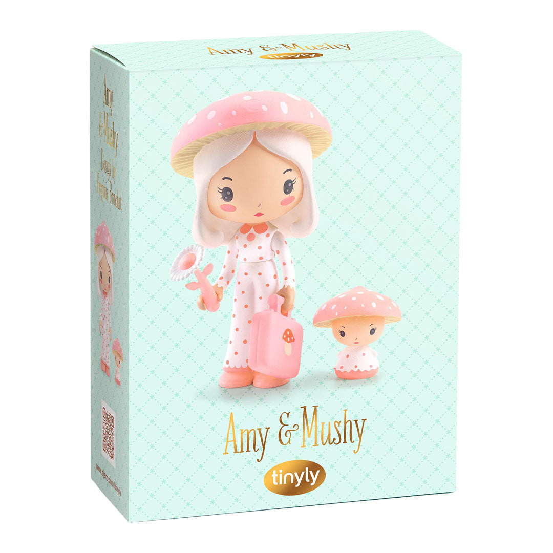 De verpakking van de Djeco Tinyly speelfiguurset Amy en Mushy.