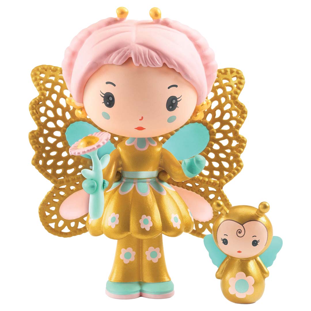 Djeco Tinyly speelfiguur Hortense, een fee met gouden vleugels en een bloem, naast haar kleine bijenvriendje Fly.
