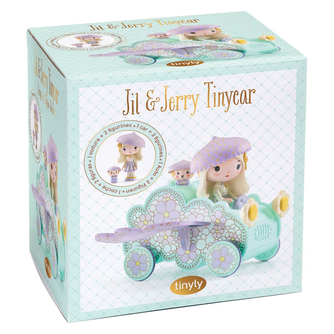De productverpakking van de Djeco tinyly Jil & Jerry Tinycar speelset.