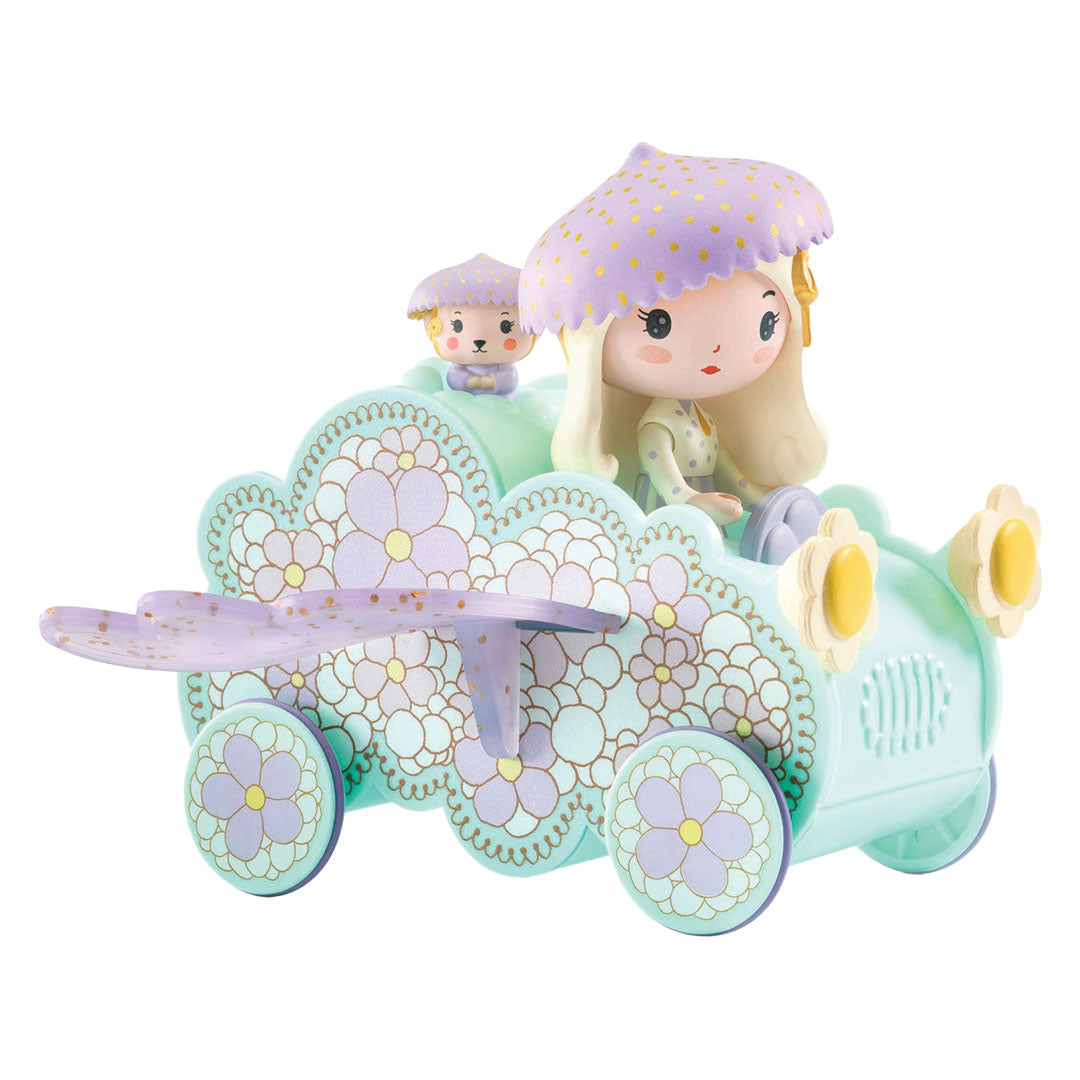 Djeco tinyly speelfiguur van Jil en Jerry in een lichtblauwe auto met bloemmotieven.