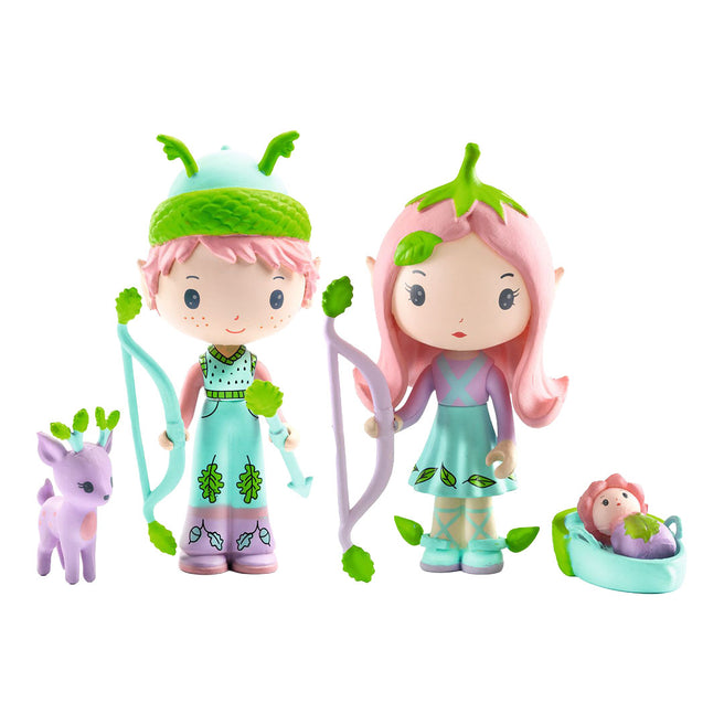 Djeco Tinyly speelfiguren Lily en Sylvestre met een hertje en een baby in een wiegje.
