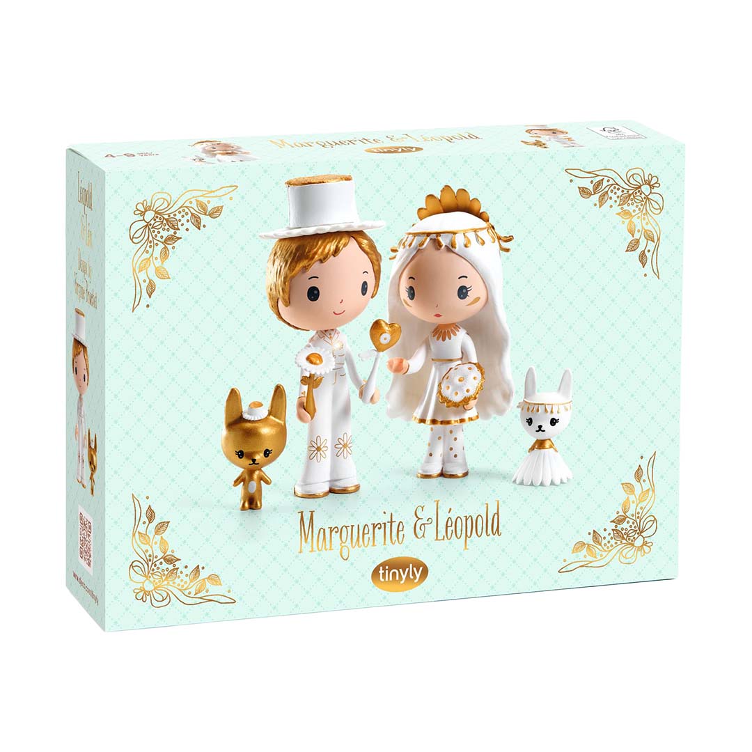 De Djeco Tinyly speelfiguren Marguerite & Léopold in hun mintgroene verpakking met gouden bloemmotieven.