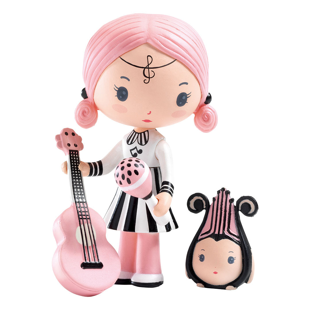 Djeco Tinyly speelfiguur Sidonie met roze haar, gitaar en maraca, samen met haar kleine vriendje Zick.