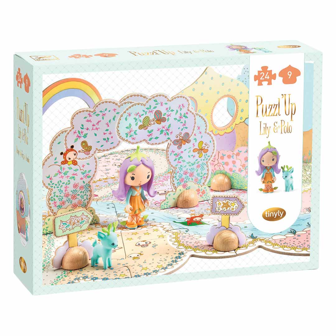 Verpakking van de Djeco Tinyly Puzzl'Up Lily vloerpuzzel met een sprookjesachtig landschap en figuren.