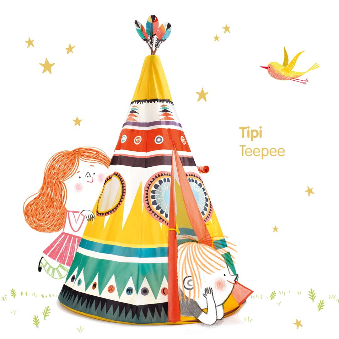 Djeco tipi speeltent met twee spelende kinderen en de tekst "Tipi Teepee" in een geïllustreerde omgeving met sterren.