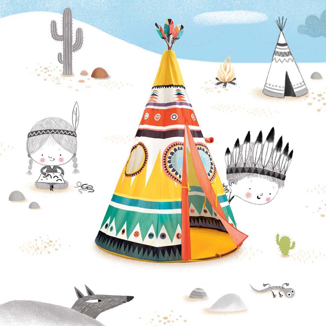 Djeco tipi speeltent in een geïllustreerde woestijnomgeving met spelende kinderen en cactussen.