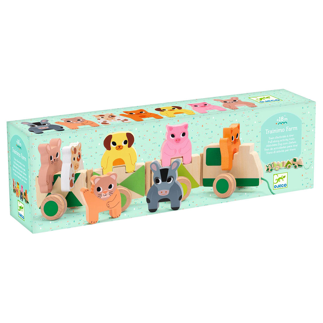De verpakking van de Djeco houten trekfiguur trein met boerderijdieren.
