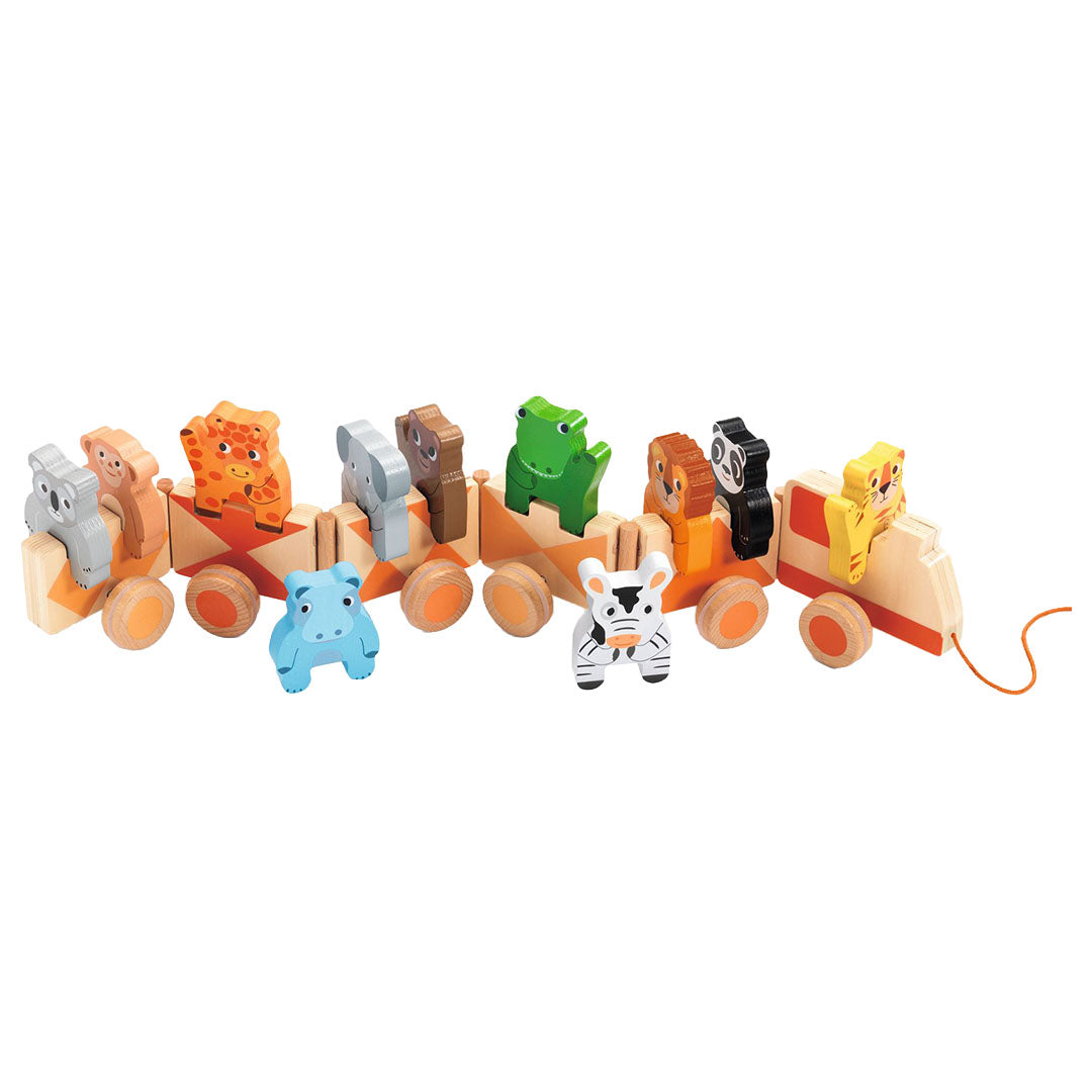 Djeco Trainimo Jungle trekfiguur, een houten trein met diverse kleurrijke jungle dieren.