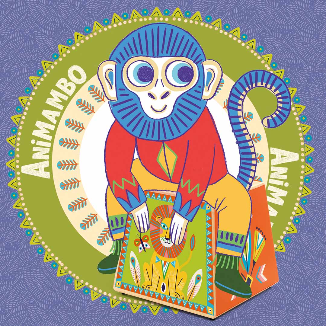 Illustratie van een blauwe aap die op de Djeco houten cajon drum zit, met de tekst Animambo.