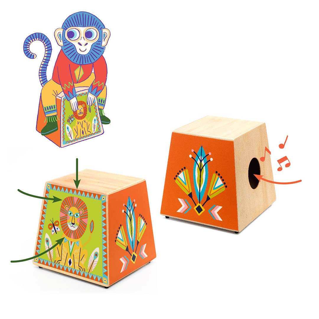 Infographic van de Djeco houten cajon drum met een aap en uitleg over het bespelen.