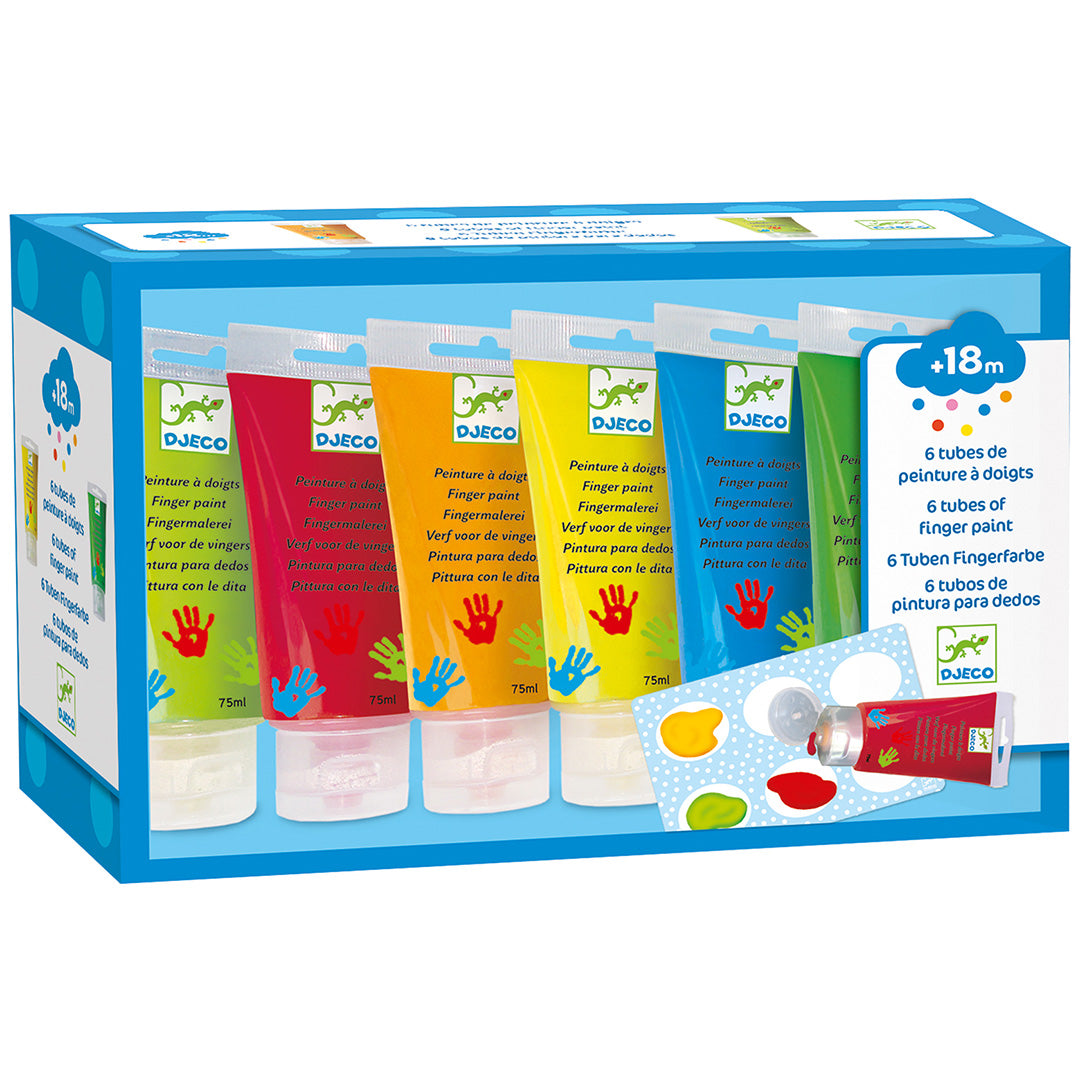 Djeco verpakking met zes tubes vingerverf in verschillende kleuren.