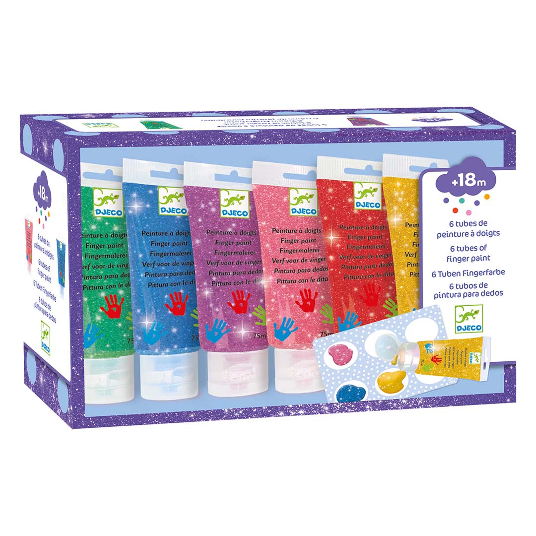 Verpakking van Djeco glitter vingerverf met zes tubes in verschillende kleuren.