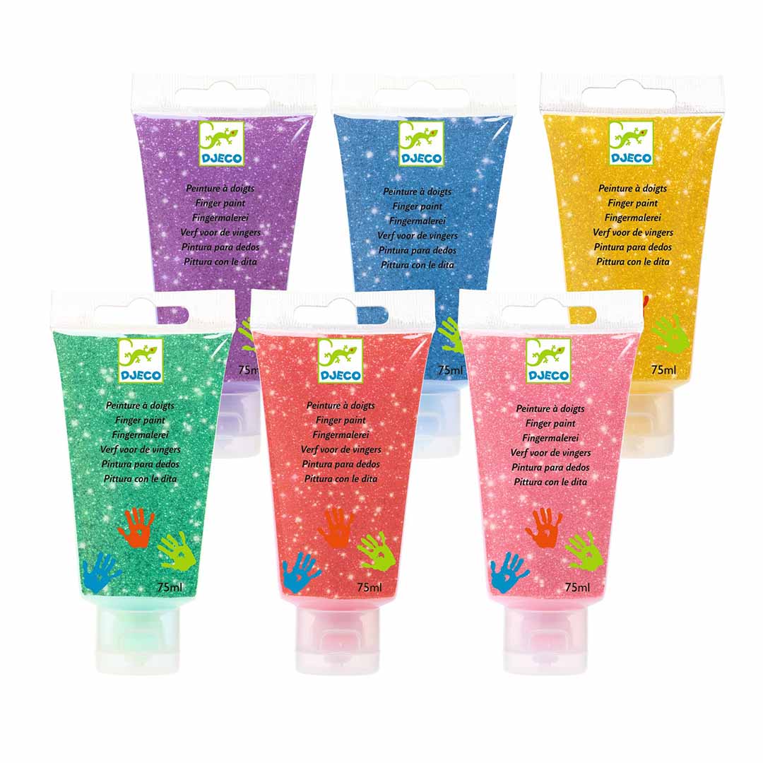 Zes losse tubes Djeco glitter vingerverf in de kleuren groen, rood, roze, paars, blauw en geel.