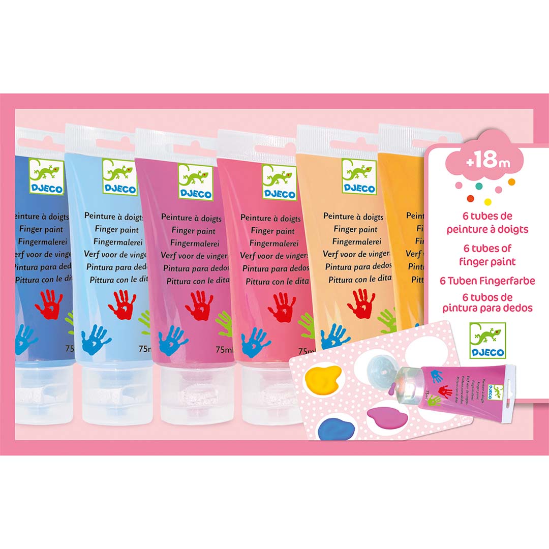 Zes tubes Djeco vingerverf in pastelkleuren met een detail van de verpakking met mengpalet.