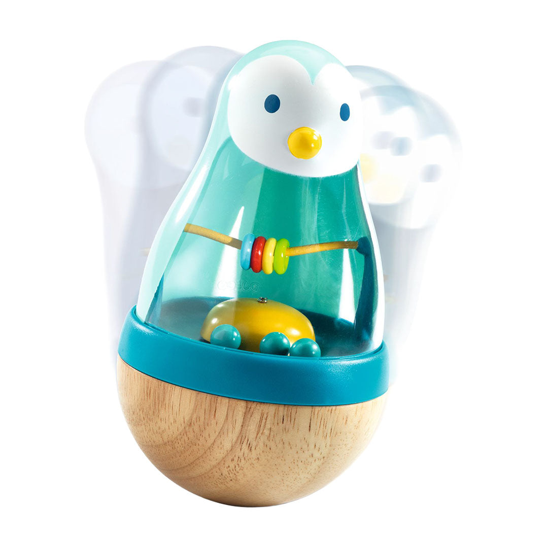 Djeco tuimelaar roly pinguïn met houten basis en rammelende elementen.