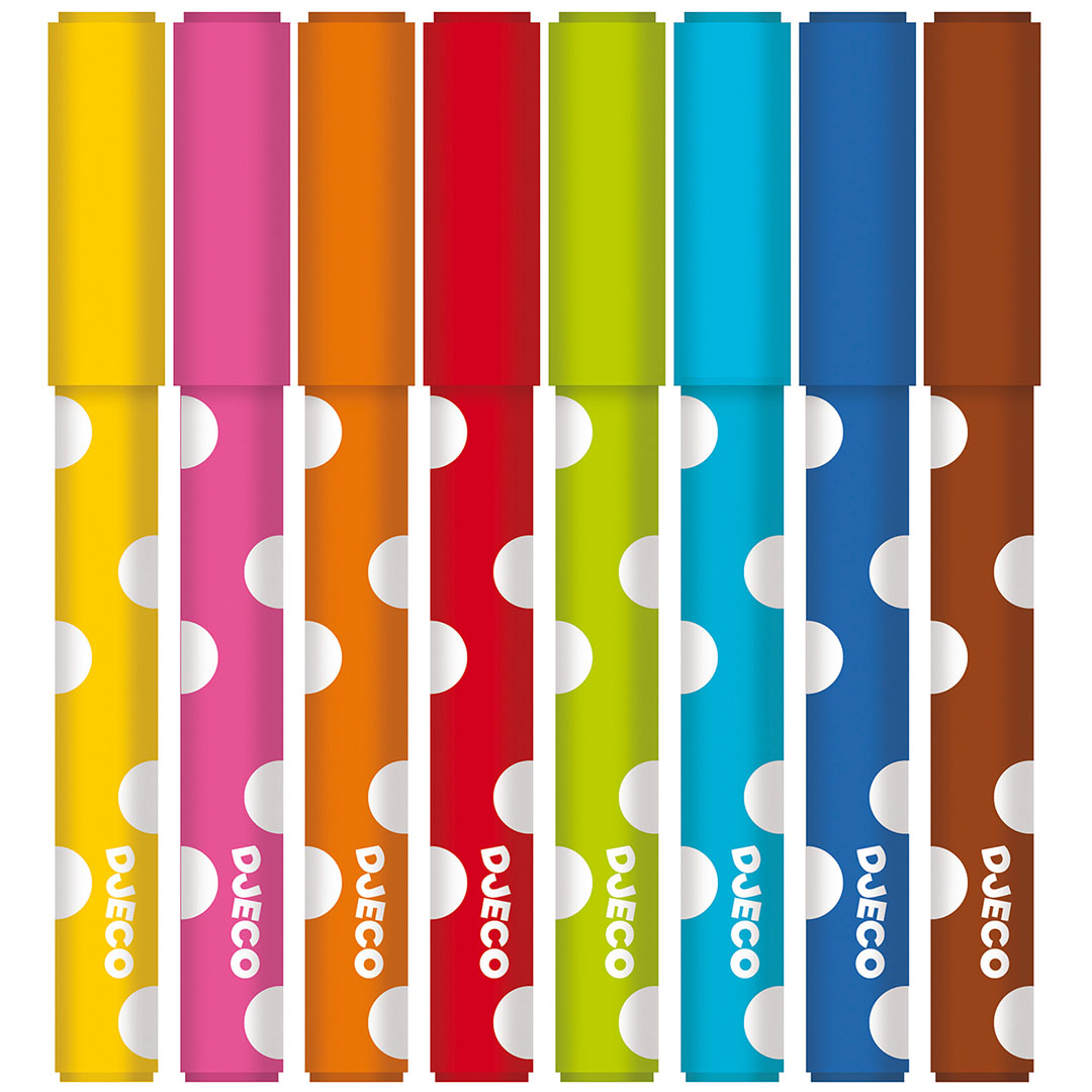 Collectie van 8 Djeco uitwasbare viltstiften in verschillende kleuren met witte stippen.
