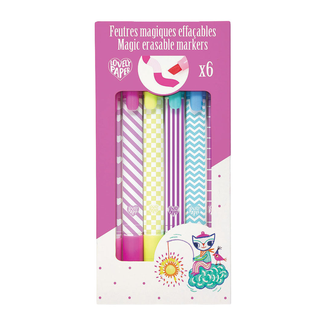 Djeco verpakking met zes veelkleurige uitwisbare stiften met gestreepte, geruite en chevron patronen.
