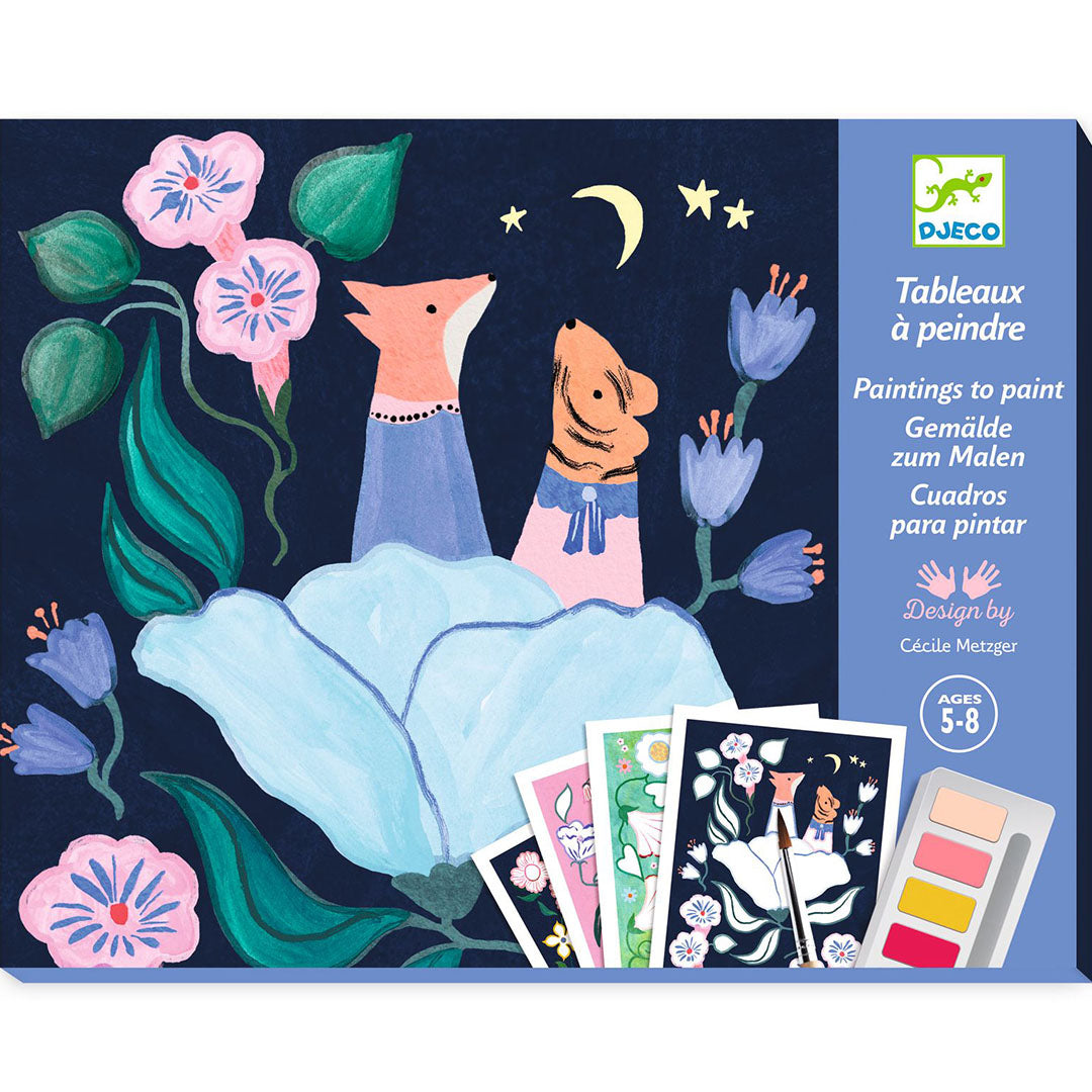 De verpakking van de Djeco verf-op-nummerset met een illustratie van twee dieren tussen bloemen en sterren.