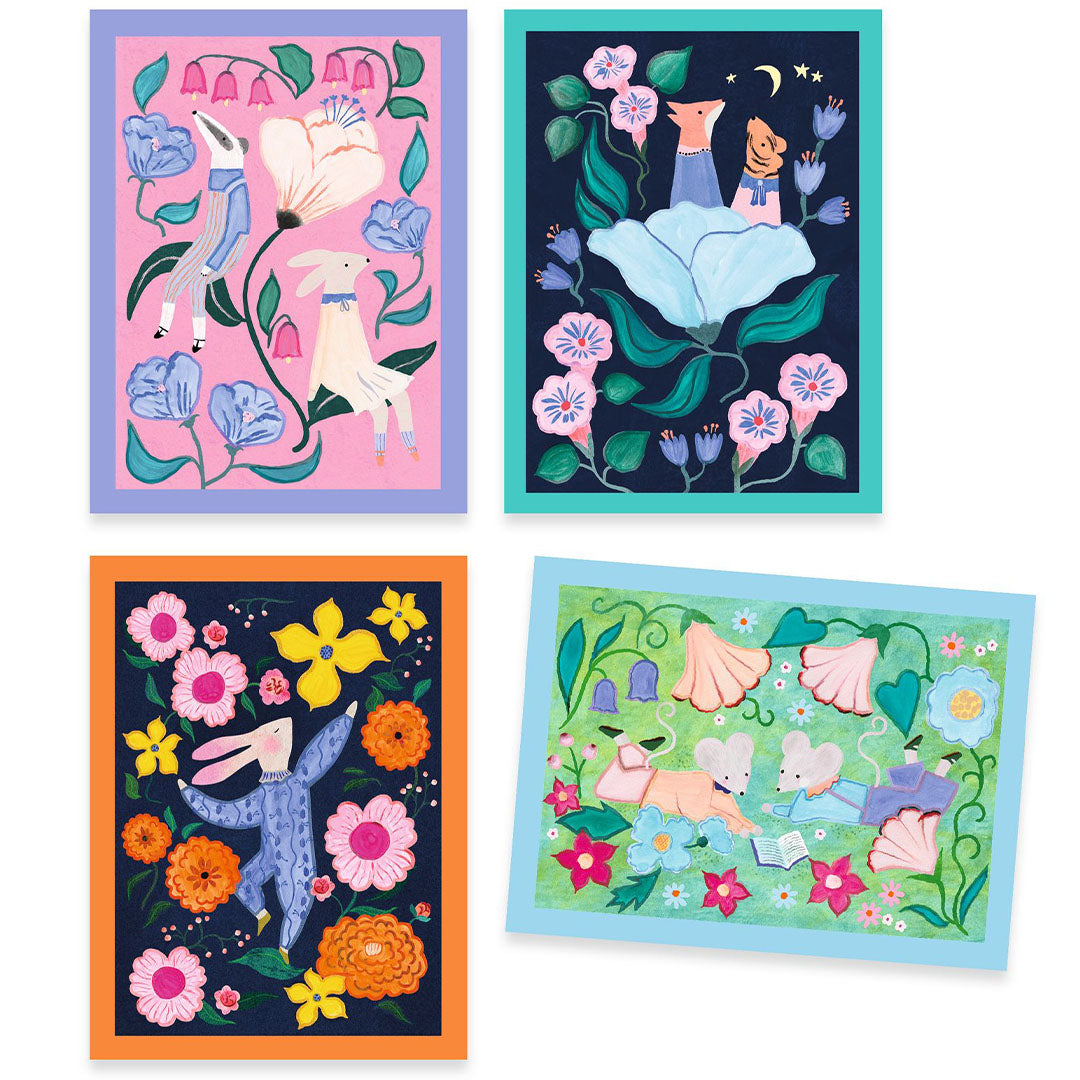 Vier voltooide Djeco verfschilderijen met illustraties van dieren en bloemen in verschillende kleuren.