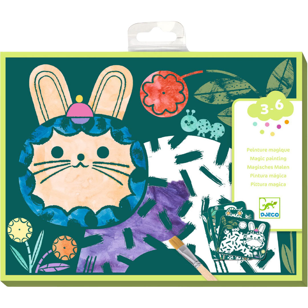 Verpakking van de Djeco magic reveal verfset met een konijn-achtig dier en planten.