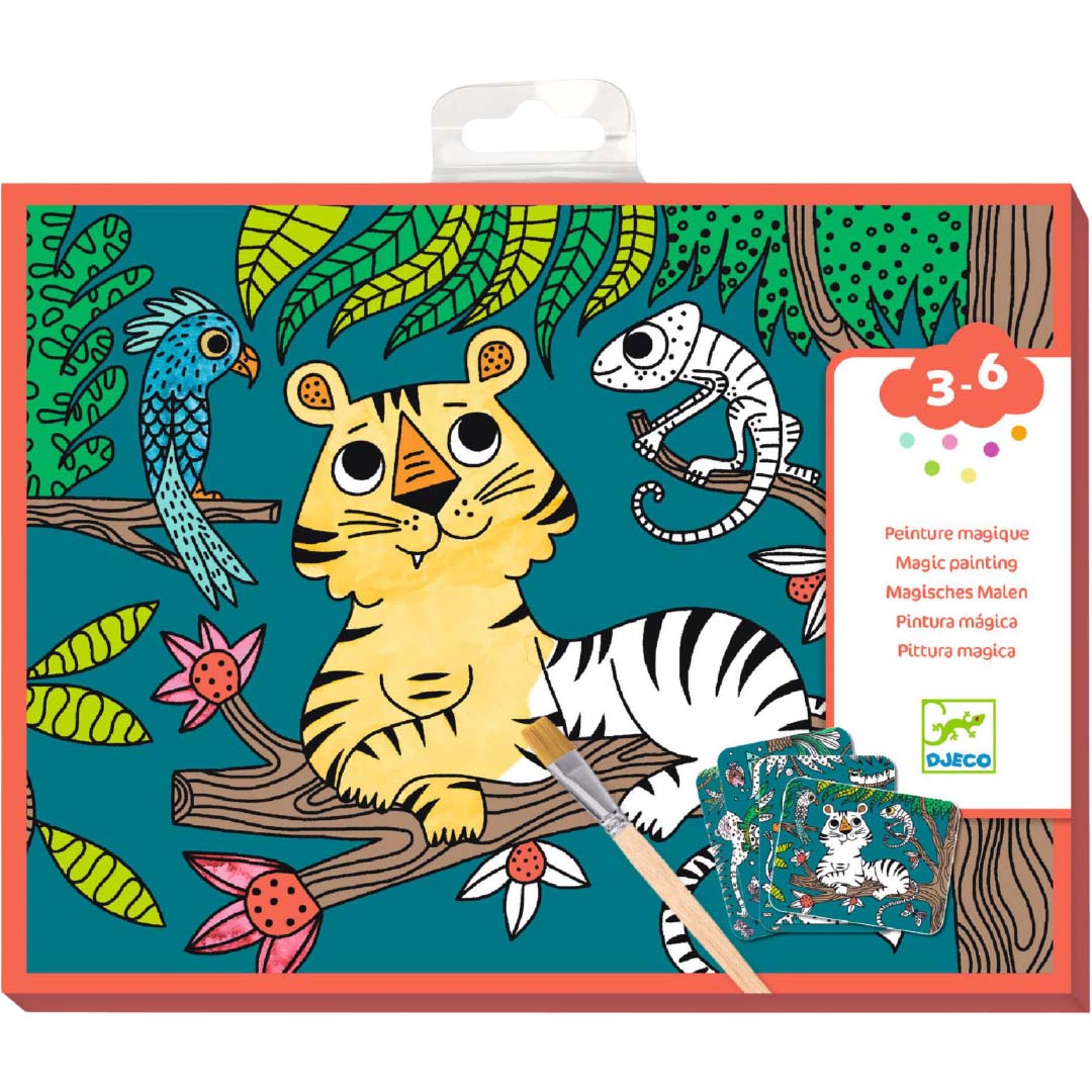 Djeco magic painting set verpakking met een tijger en jungle dieren.