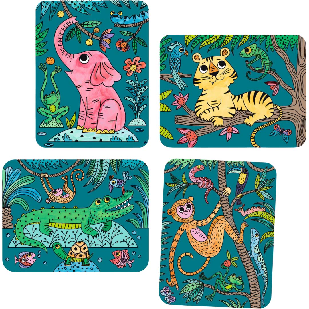 Vier gekleurde kaarten van de magic painting set met jungle dieren.