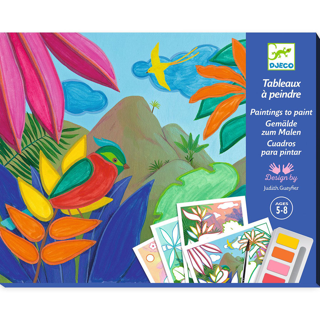 Djeco verpakking van de verfset met een tropische illustratie van een vogel en bloemen.