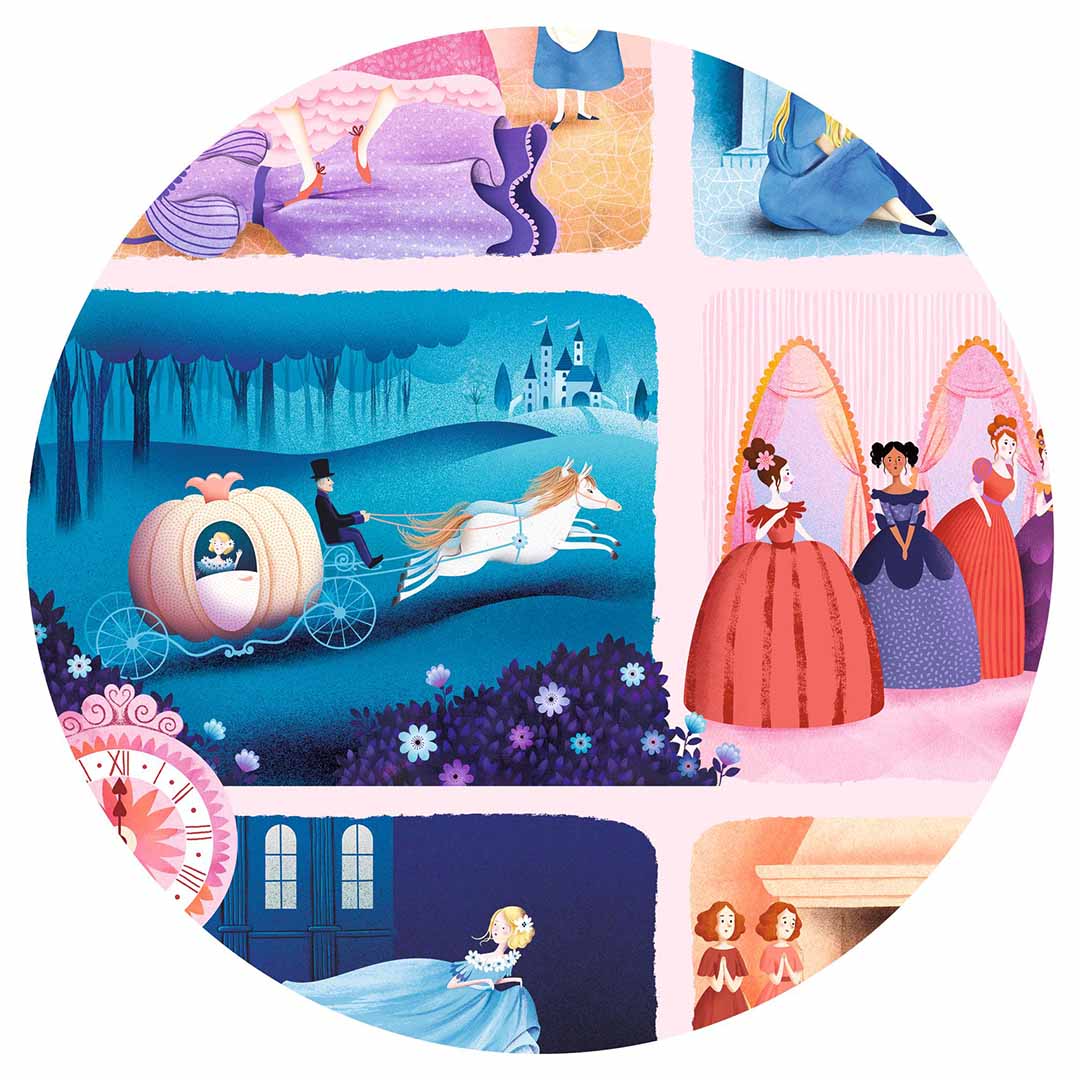 Detail van de Djeco Assepoester story puzzel met de pompoenkoets en Assepoester die vlucht.