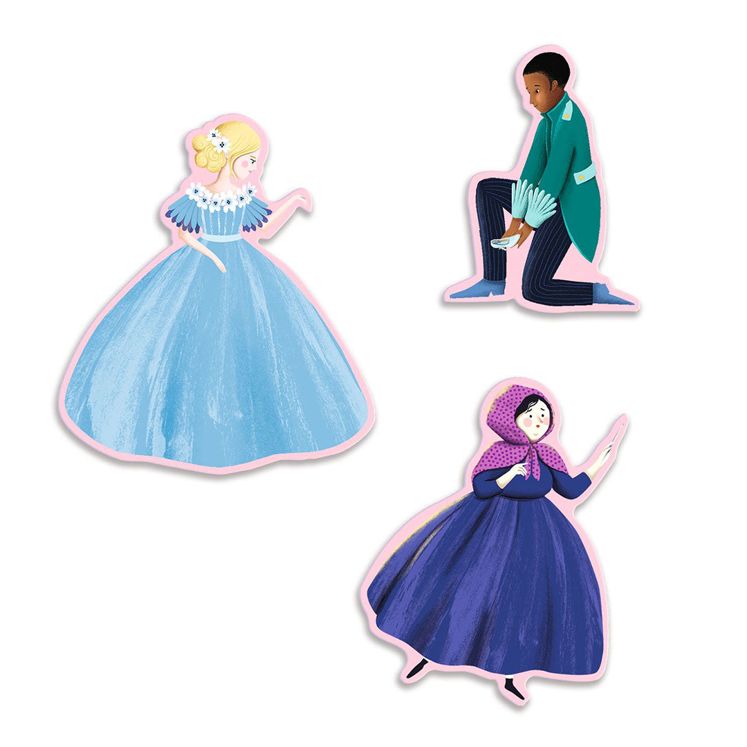 Drie Djeco Assepoester speelfiguren: Assepoester, de prins en een vrouw in paarse kleding.