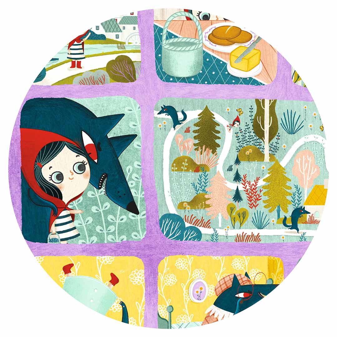 Detail van de Roodkapje story puzzel met scènes van Roodkapje en de wolf.