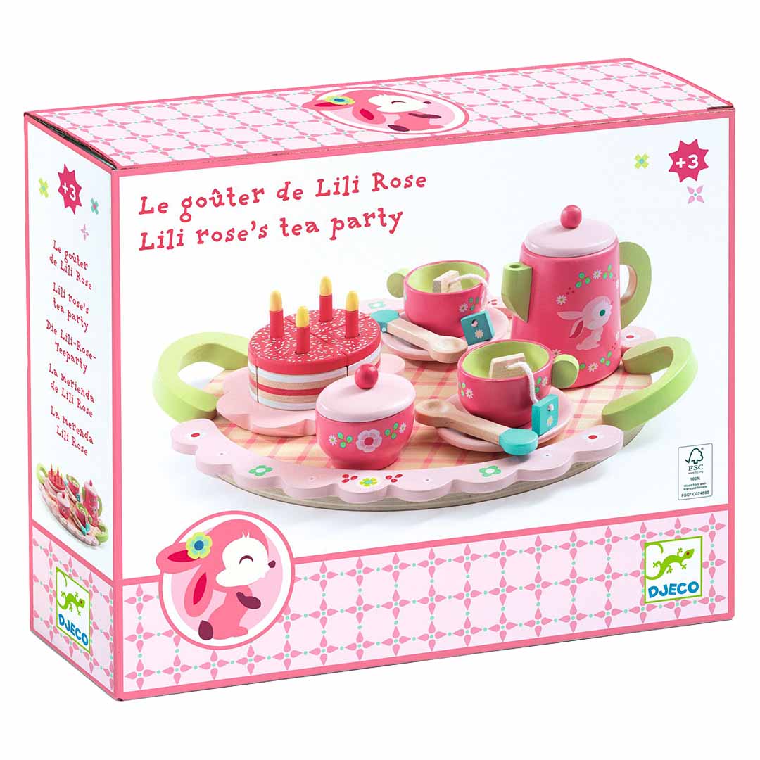 De verpakking van het Djeco houten speelgoed theeservies 'Lili rose's tea party'.