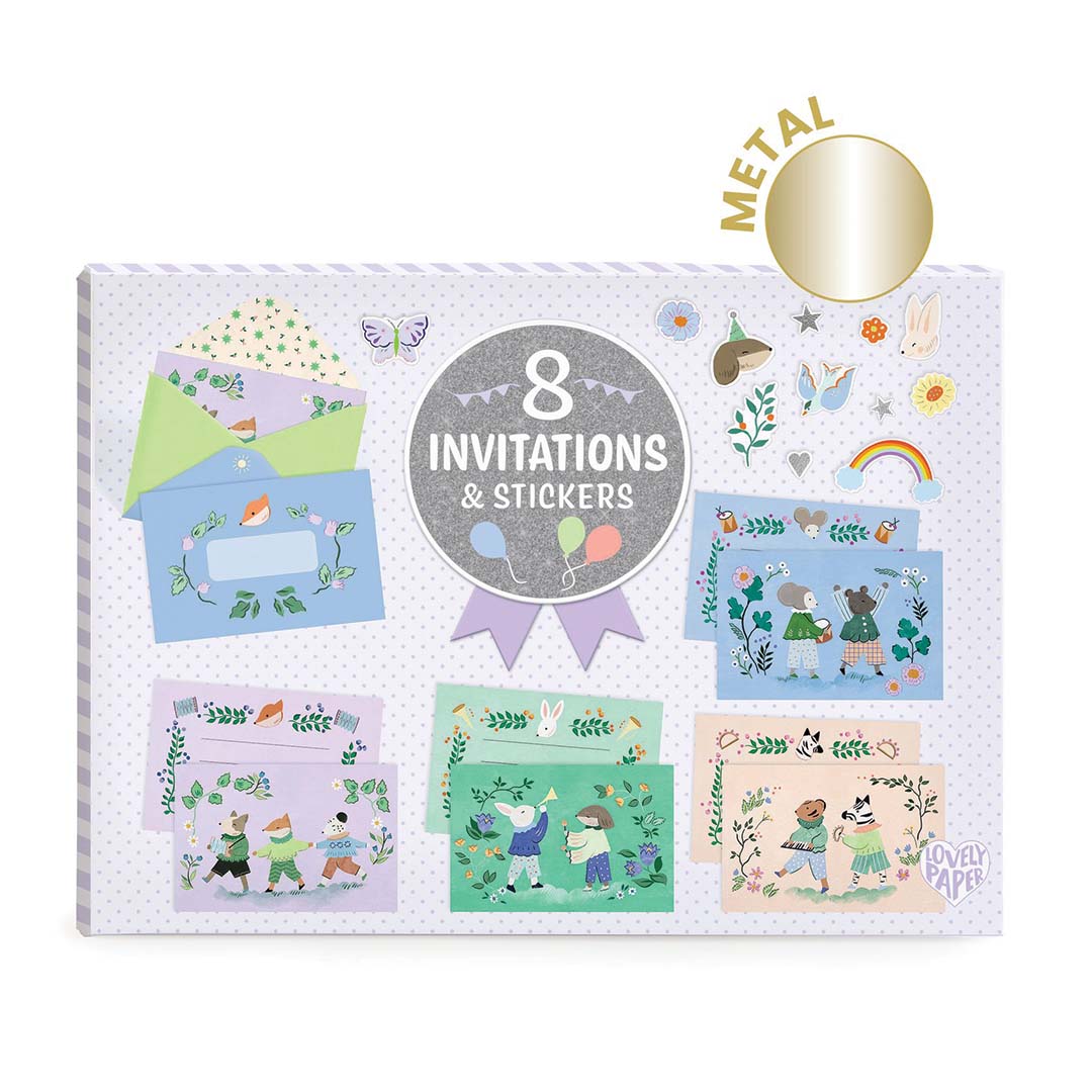 Verpakking van de Djeco verjaardagsuitnodigingen set met een overzicht van de 8 kaarten en stickers.