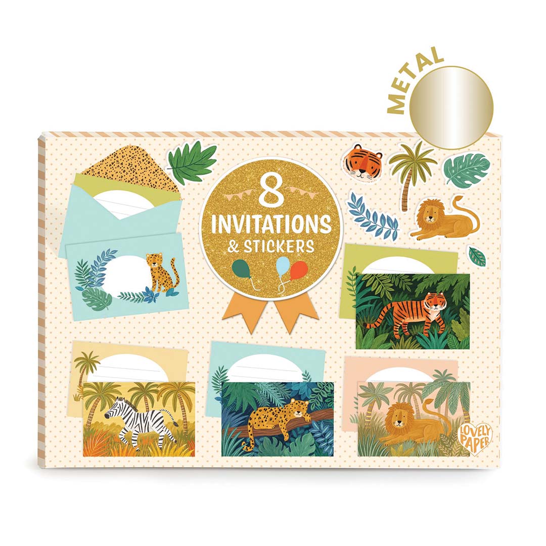 De verpakking van de Djeco verjaardagsuitnodigingen met jungle dieren, waarop '8 INVITATIONS & STICKERS' staat.