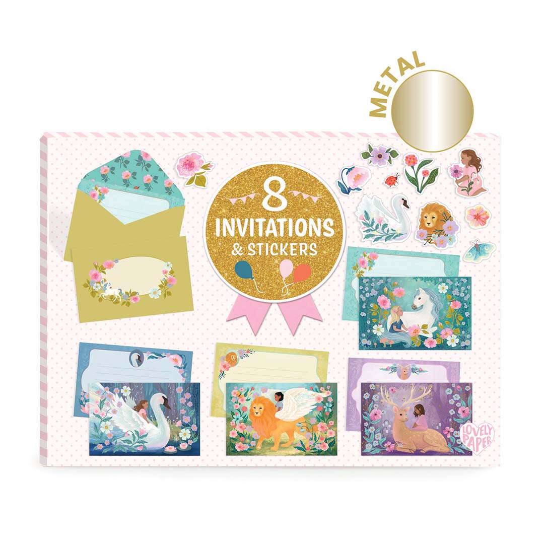 De verpakking van de Djeco set met 8 verjaardagsuitnodigingen en stickers met sprookjesachtige wezens.