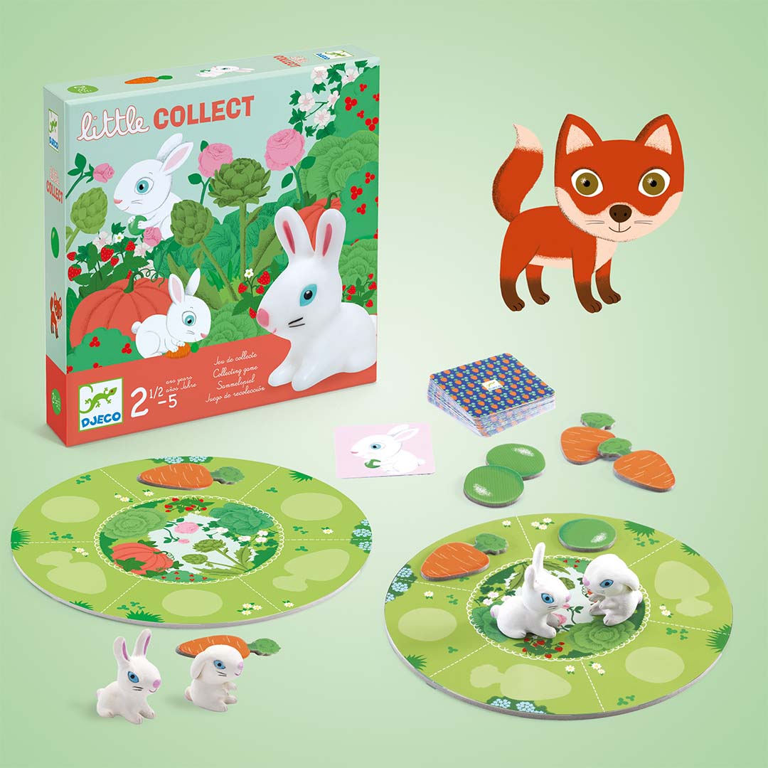 Djeco Little Collect bordspel met de verpakking, speelborden, konijnenfiguren, wortel- en bladpionnen, speelkaarten en een illustratie van een vos.