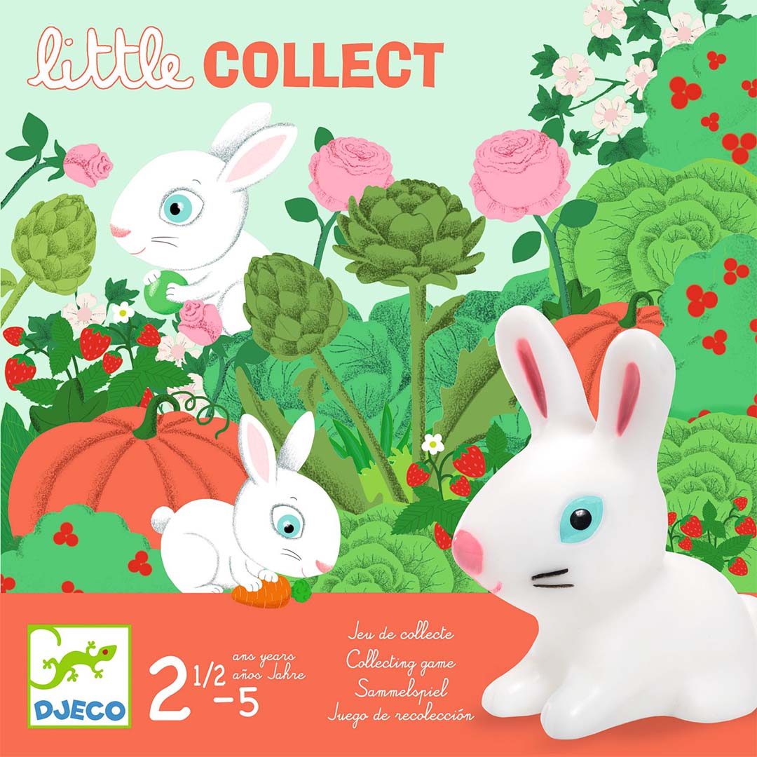 Detail van de Djeco Little Collect bordspel verpakking met illustraties van konijnen in een tuin vol groenten en bloemen, en een wit konijnenfiguur.