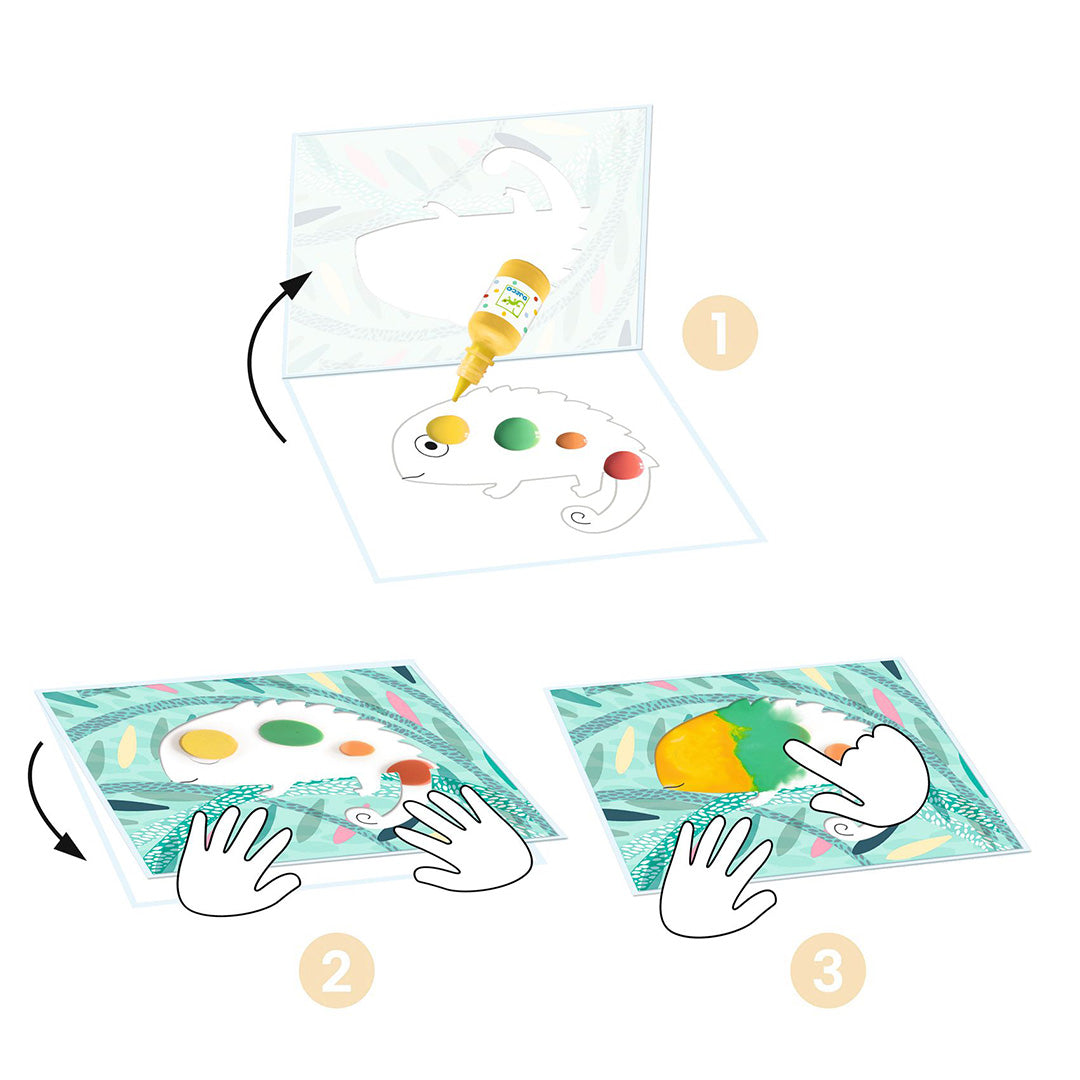 Infographic met drie stappen voor het gebruik van de Djeco vingerverf hobbyset.