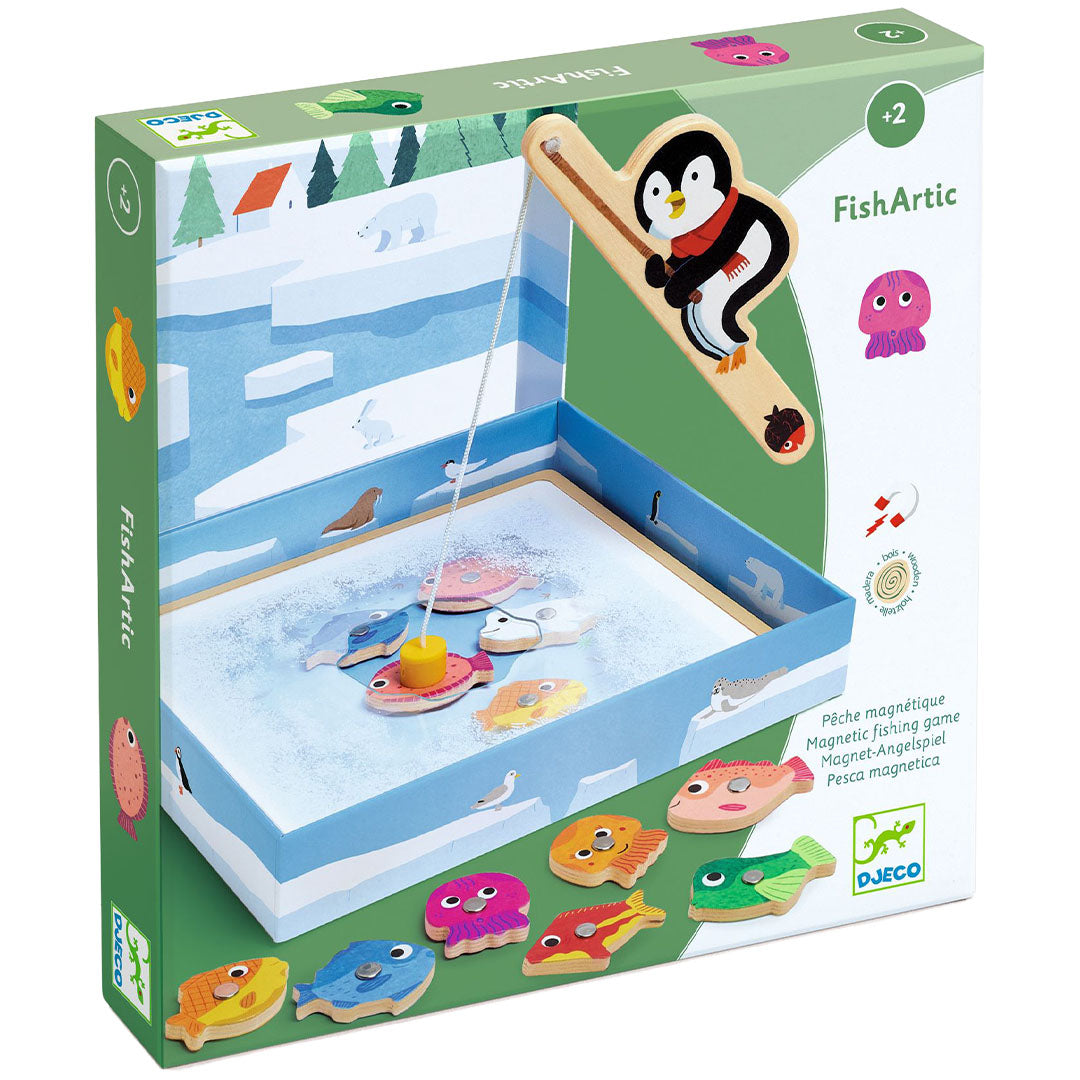 De verpakking van het Djeco FishArtic visspel met een pinguïn-hengel en kleurrijke houten vissen.