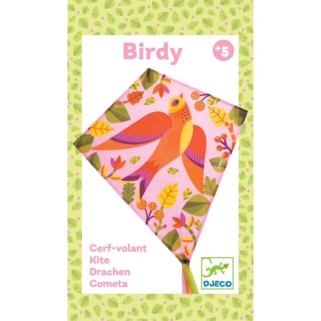De verpakking van de Djeco Birdy vlieger met een afbeelding van de roze vlieger en leeftijdsaanduiding.