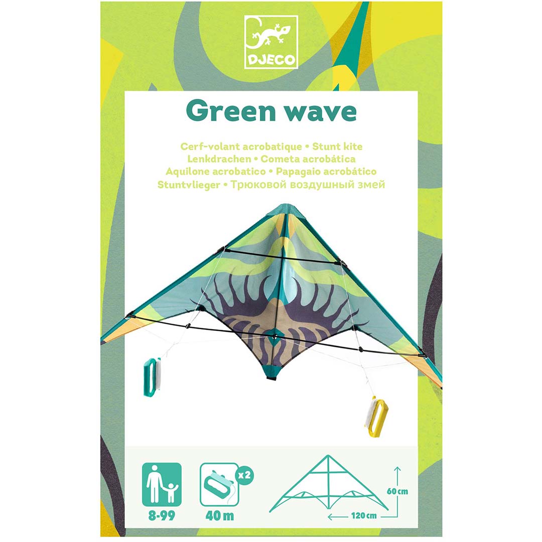 Productverpakking van de Djeco stuntvlieger 'Green wave' met afbeelding van de vlieger en specificaties.