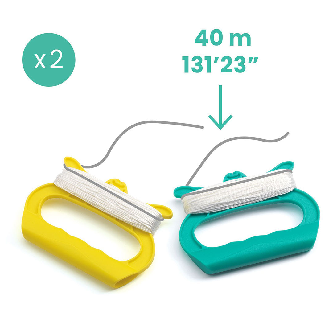 Infographic van twee gele en groene vliegerhandvatten met 40 meter vliegerlijn.