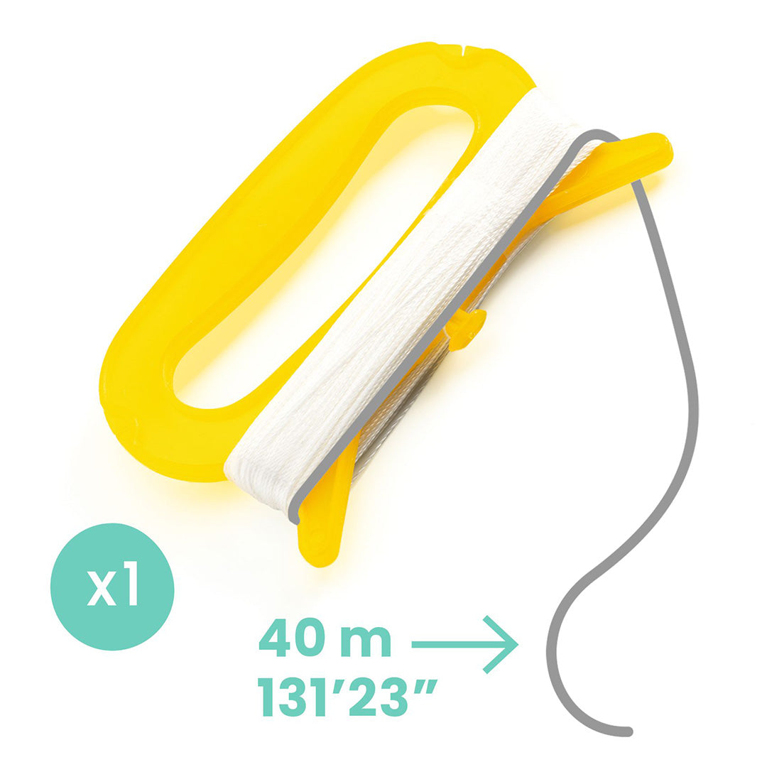 Gele handgreep met opgerolde witte vliegerlijn van 40 meter.