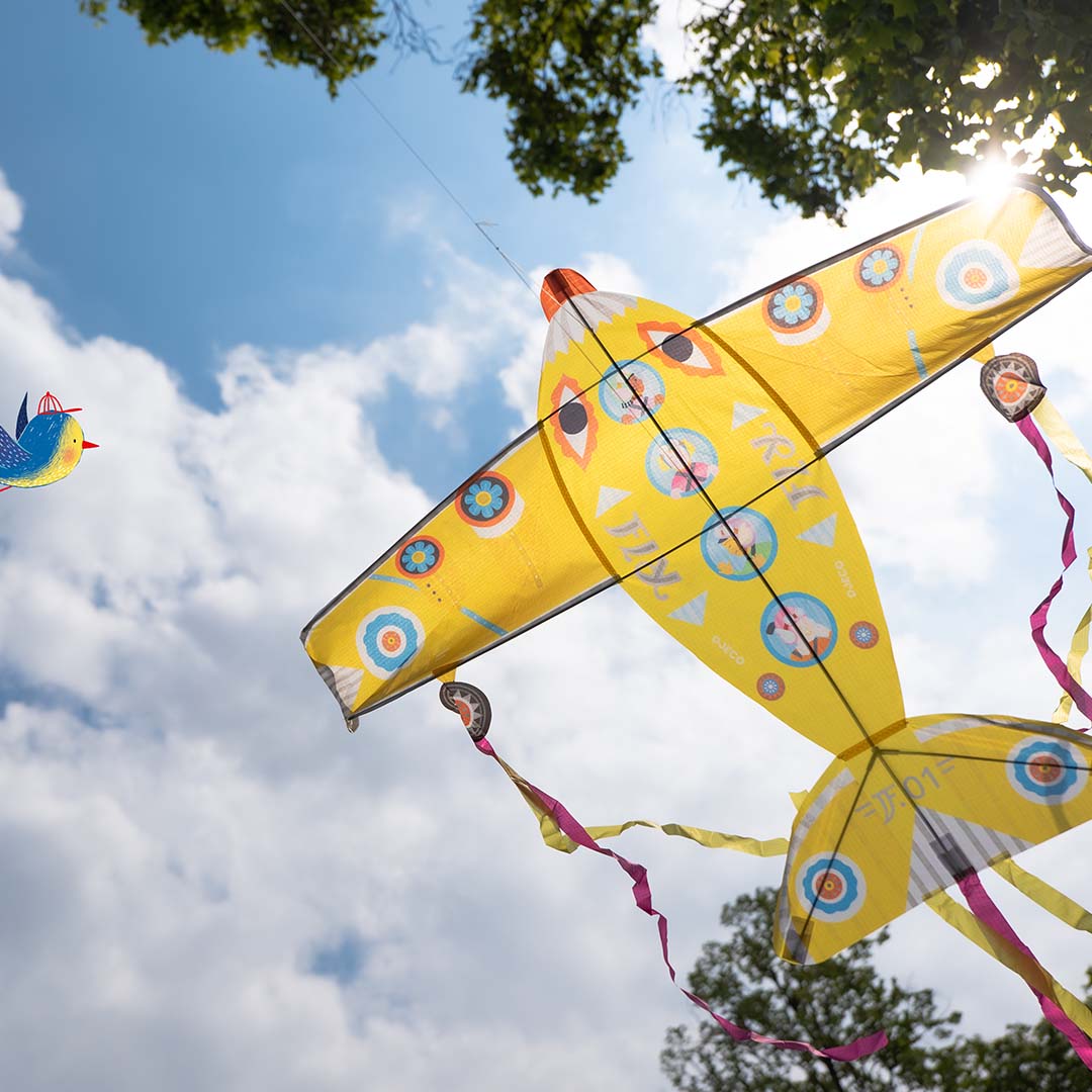 Djeco gele vliegtuigvlieger vliegt in de lucht, gezien van onderaf met bomen en een kleine vogelvlieger.