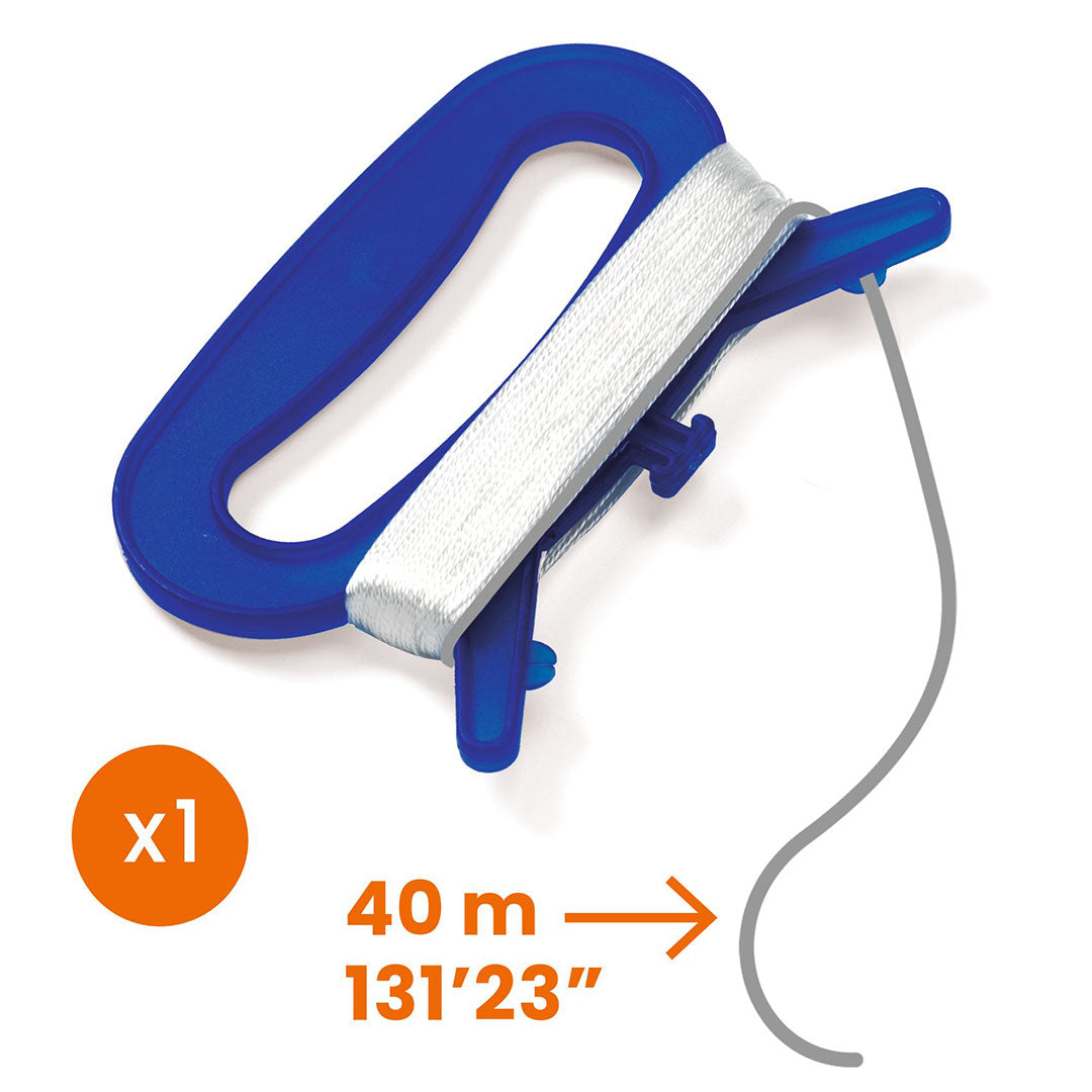 Blauwe handgreep met opgerolde witte vliegerlijn van 40 meter.