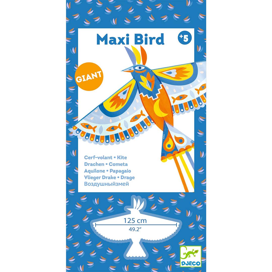 Verpakking van de Djeco Maxi Bird vlieger met een afbeelding van de vogelvlieger en productinformatie.