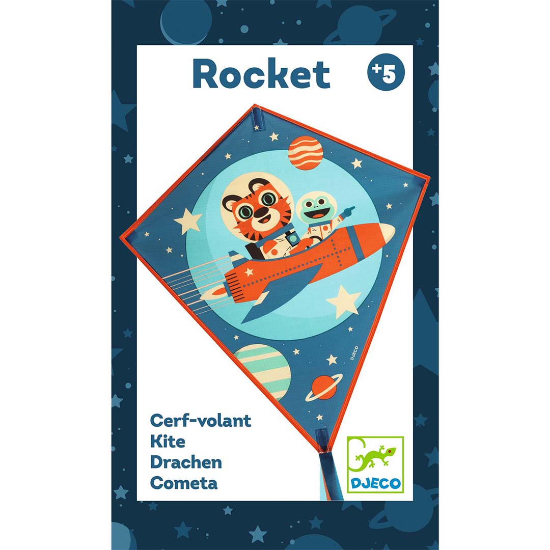 Verpakking van de Djeco vlieger 'Rocket' met een afbeelding van de vlieger.