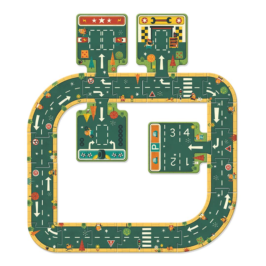 De Djeco Pop To Play vloerpuzzel autoweg volledig opgebouwd met wegen, verkeersborden en figuren.