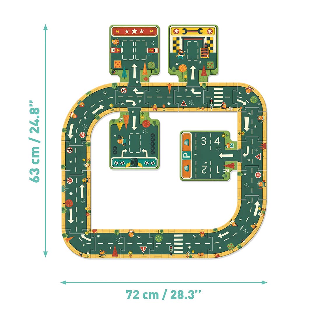 Infographic van de Djeco Pop To Play vloerpuzzel autoweg met de afmetingen van 63 bij 72 cm.