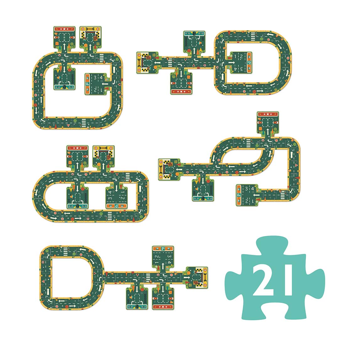 Verschillende mogelijke opstellingen van de Djeco Pop To Play vloerpuzzel autoweg stukken, met een los puzzelstuk met het nummer 21.
